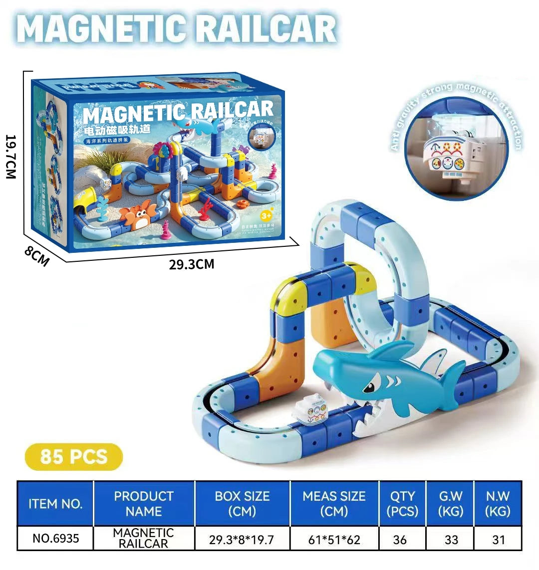 A box and assembled magnetic railcar set for building a train with an electric track.