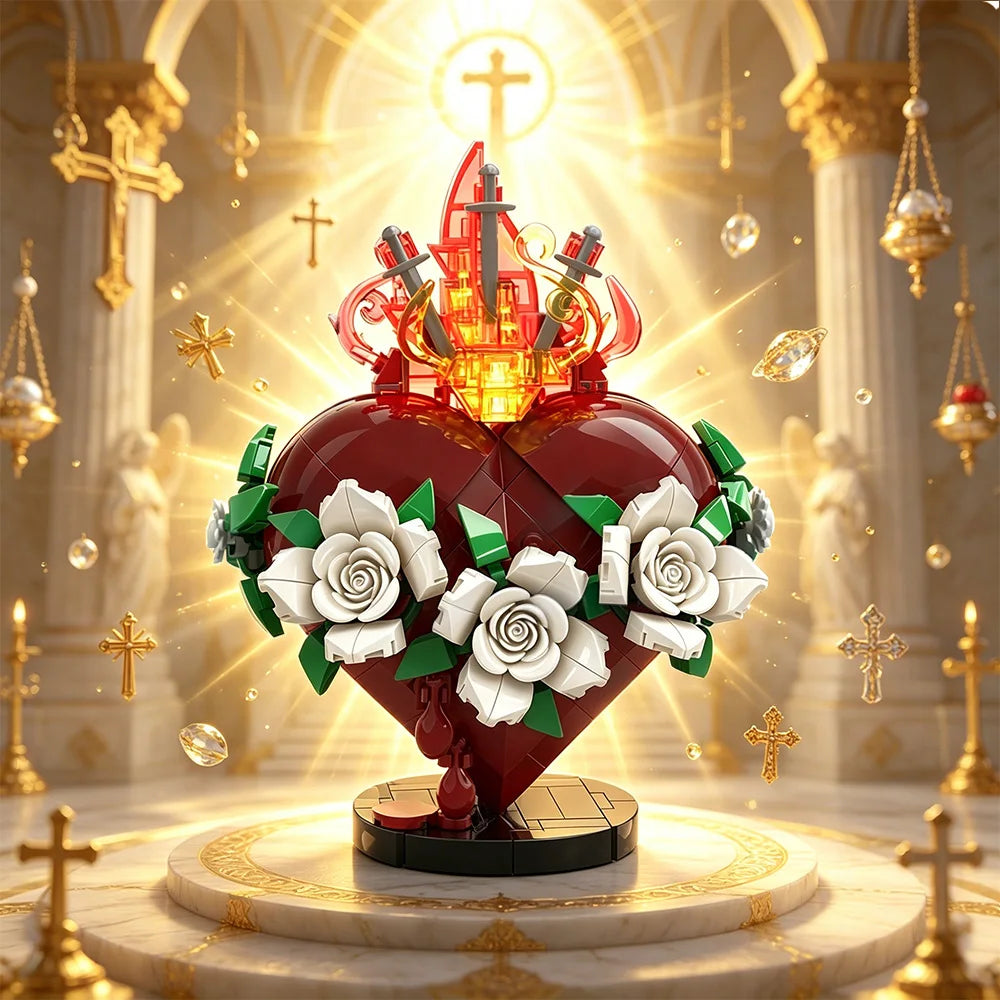 A red heart shaped from building blocks with a flaming crown and roses, set in a golden religious altar.