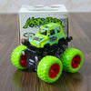 A bright lime green monster truck toy with black tires and a transparent body sits in front of its packaging.