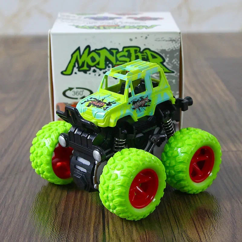A bright lime green monster truck toy with black tires and a transparent body sits in front of its packaging.