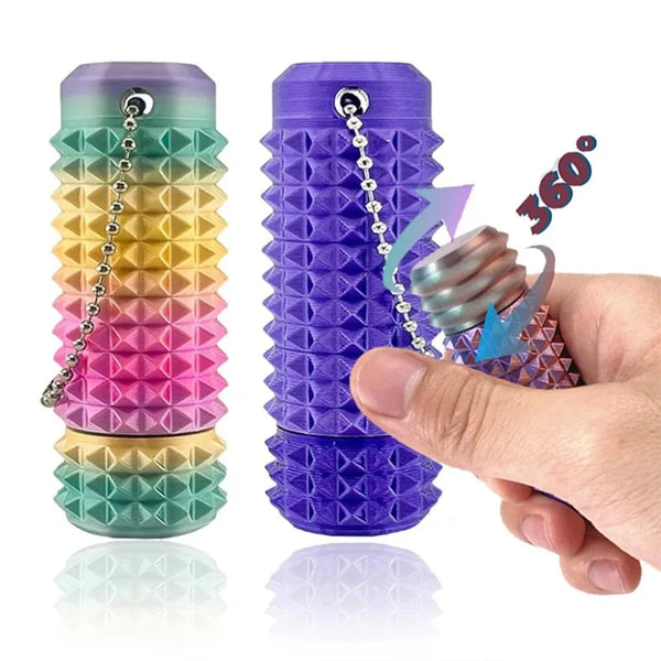 A hand holds a purple spiky fidget key charm for stress relief, showing its texture and 360-degree view.
