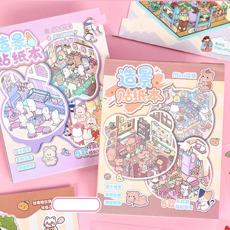 A pink box of a 21-piece miniature cottage 3D sticker book featuring cute animal characters and scenes for journaling and cra
