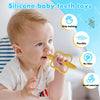 A baby is holding a yellow silicone teether toy designed for grip training and flexible use.