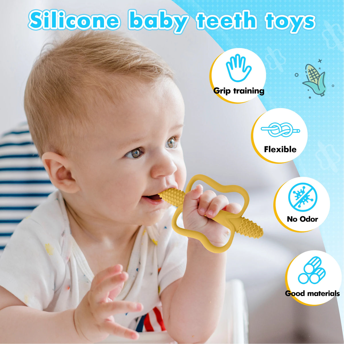 A baby is holding a yellow silicone teether toy designed for grip training and flexible use.