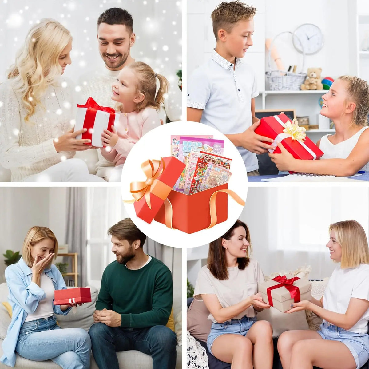 A collection of images showing people creating 3D sticker scenes and craft projects for stress relief.