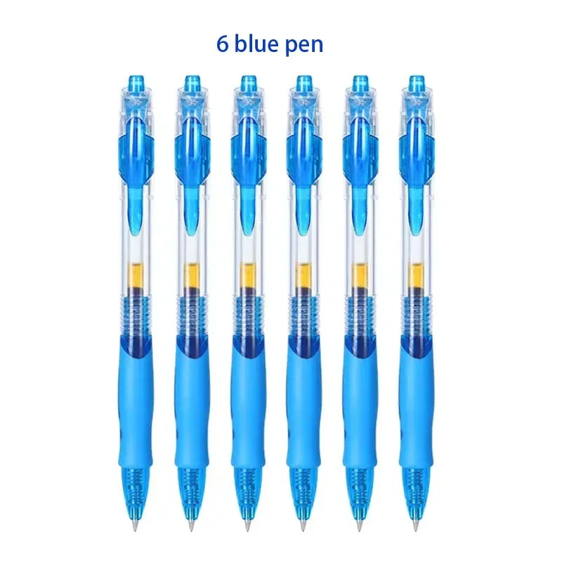 Six blue retractable gel pens shown standing upright.