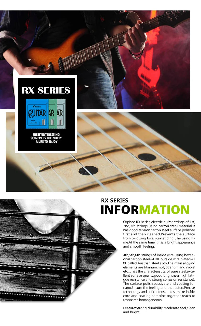 RX series electric guitar strings featuring hexagonal carbon steel for a 6-string set