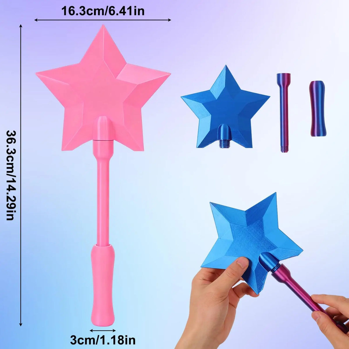 Porte-cartes à paiement en forme d'étoile rose, avec sa version violette et bleue et ses composants.