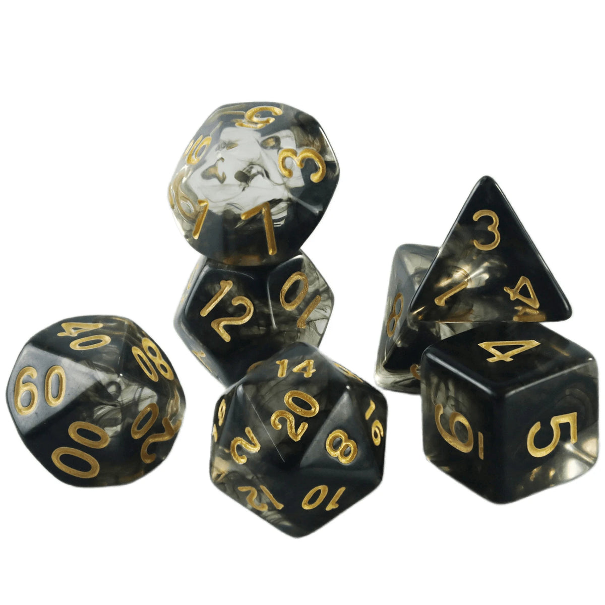 A set of seven polyhedral dice, including a d10 and d20, with a dark, smoky effect for role-playing games.