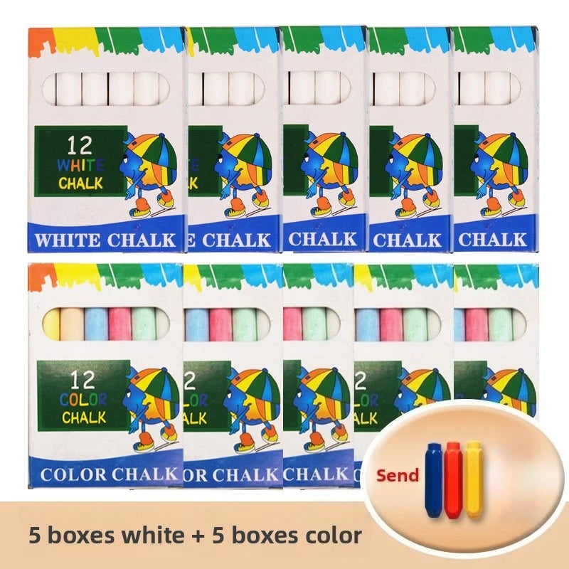 Five boxes of white and color chalks for children's art supplies