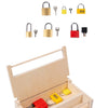 A wooden lock and key toy set with various locks, keys, and a wooden box for practice.