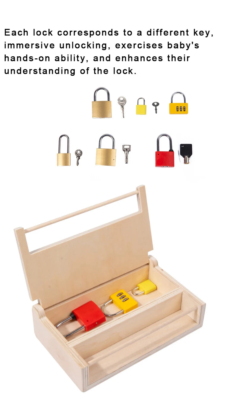 A wooden lock and key toy set with various locks, keys, and a wooden box for practice.