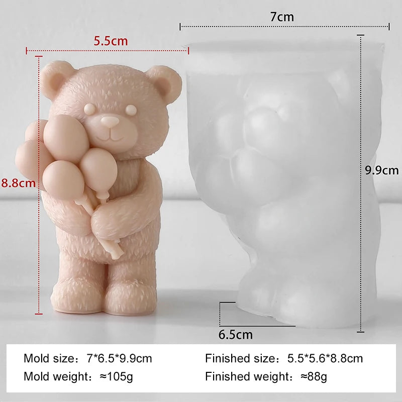 A pink silicone mold of a bear is shown next to its finished product, demonstrating the size and weight difference.