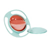 A teal silicone gyro bowl with a lid and a matching saucer is shown.