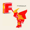 A red and yellow alphabet letter F shaped robot toy figure.
