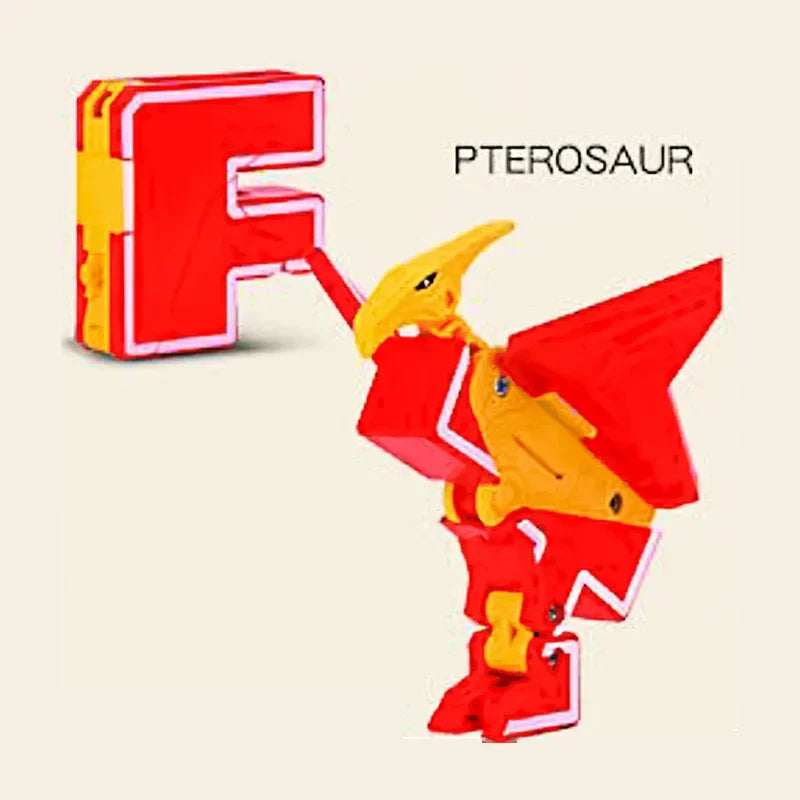 A red and yellow alphabet letter F shaped robot toy figure.