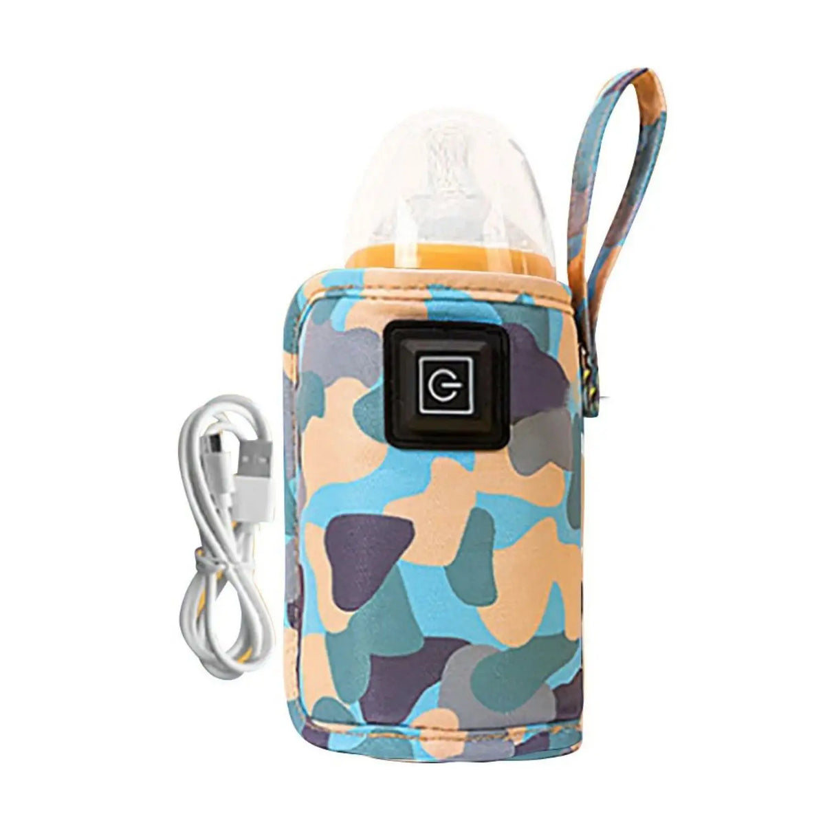 A portable baby bottle warmer in a camouflage pattern with a clear glass top and a carrying strap.