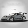 A gray Porsche 911 GT3 RS diecast model car shown in a side profile view.