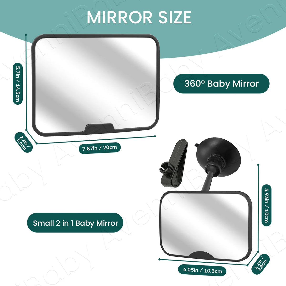 A set of 360 degree baby mirrors including a large mirror and a small mirror for car seats.