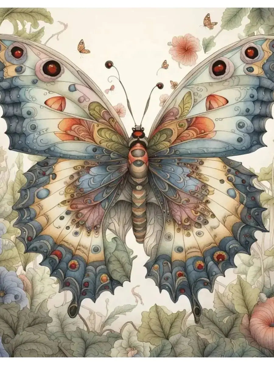 A detailed watercolor illustration of a butterfly, featuring intricate patterns and colors, suitable for a cross stitch kit.