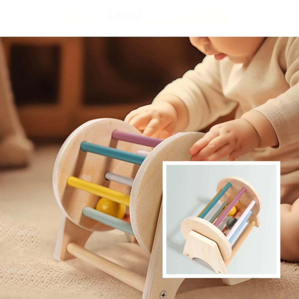 A baby is interacting with a wooden hand bell for soothing and sensory play.