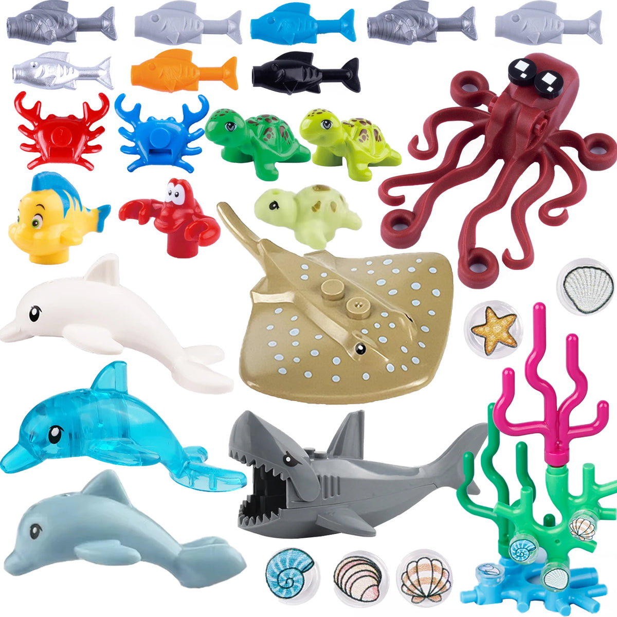 A collection of marine animal building blocks including a shark, octopus, whale, and various other sea creatures.