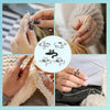 Hands are shown adjusting and inspecting an adjustable cat-ear crochet ring with tension control.