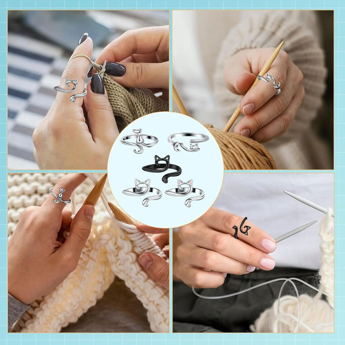 Hands are shown adjusting and inspecting an adjustable cat-ear crochet ring with tension control.