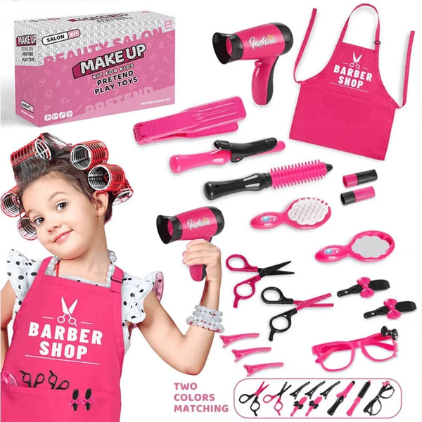A pink kids beauty salon pretend play kit featuring various tools like a hairdryer, combs, and mirrors.