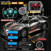 A remote control racing car in orange and black, showing the body, battery, charging cable, and tire.
