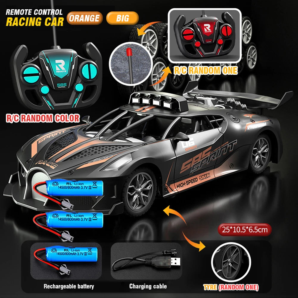 A remote control racing car in orange and black, showing the body, battery, charging cable, and tire.