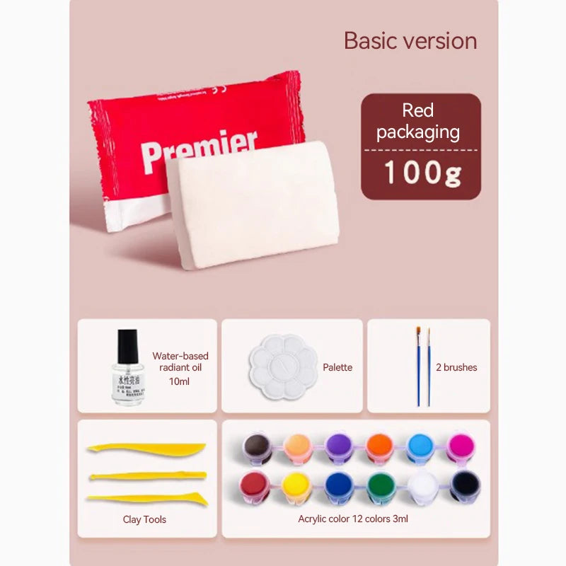 A set of air-dry stone plastic clay tools and acrylic colors for sculpting and crafting