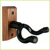 A dark wood wall mount hanger with a curved black hook for hanging musical instruments.
