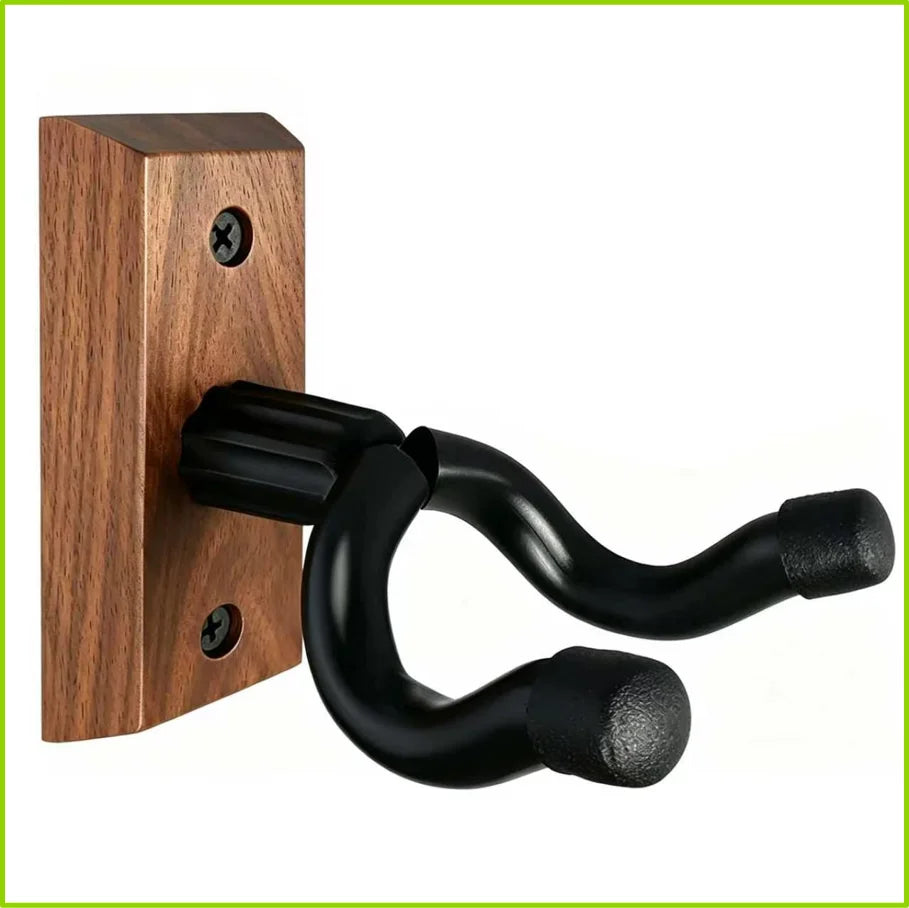 A dark wood wall mount hanger with a curved black hook for hanging musical instruments.