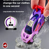 A purple and pink racing car is shown changing color when exposed to heat, placed in a glass of water.