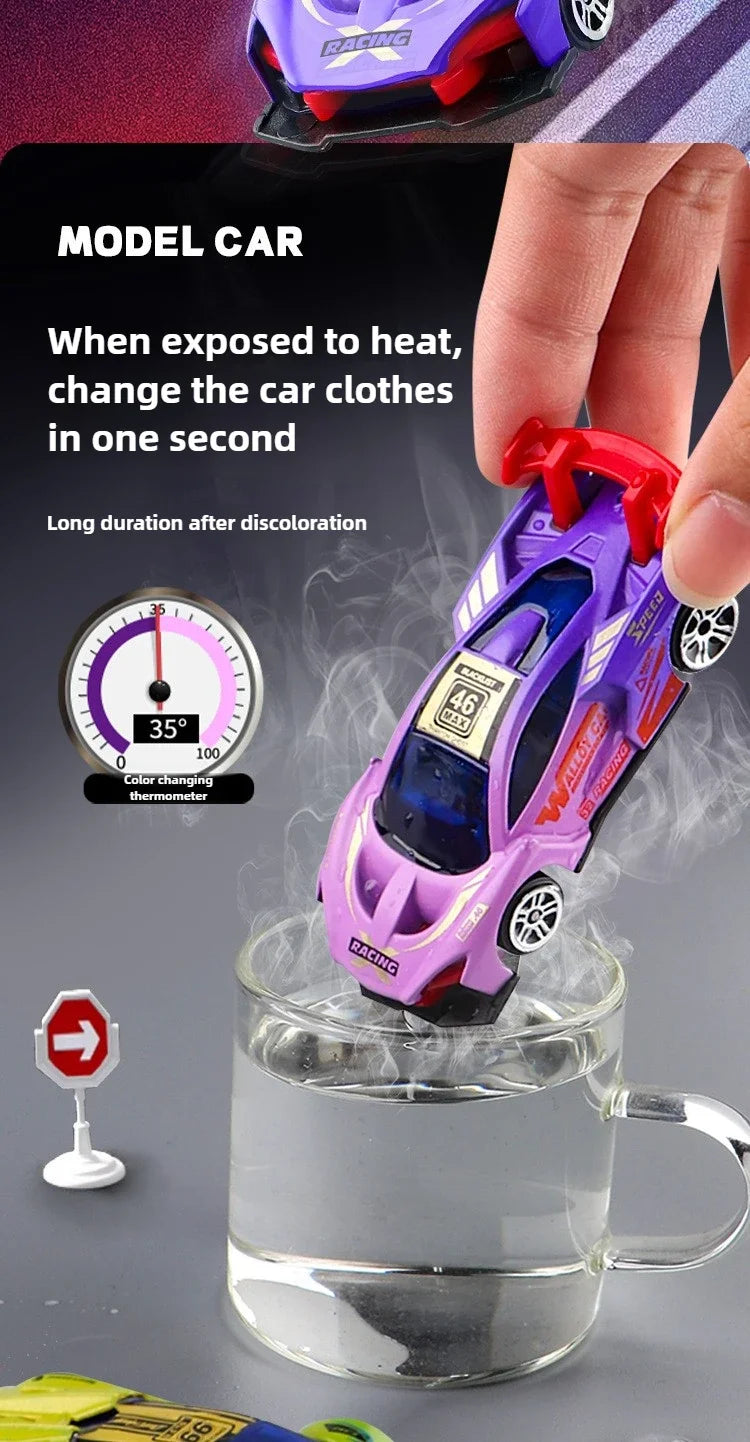A purple and pink racing car is shown changing color when exposed to heat, placed in a glass of water.