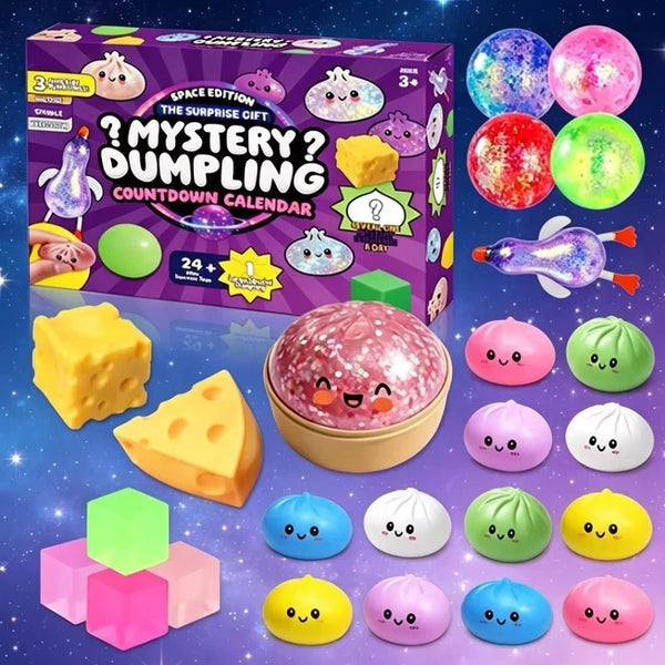 A box of the Mystery Dumpling Countdown Calendar featuring various squishy dumplings in colorful packaging and loose dumpling
