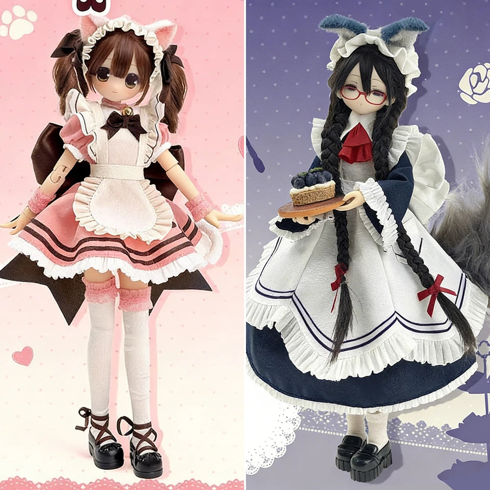A detailed collectible blind box doll dressed in a pink and white outfit with frills and dark hair.
