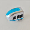 A silver and light blue anti-gravity magnetic mini train with black windows resting on a white surface.