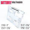 A clear butterfly inlay template and marking ruler set for woodworking with various dimensions shown.