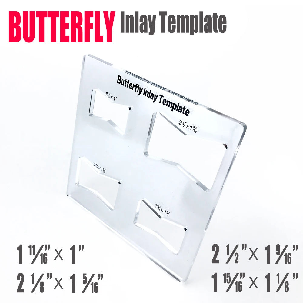 A clear butterfly inlay template and marking ruler set for woodworking with various dimensions shown.
