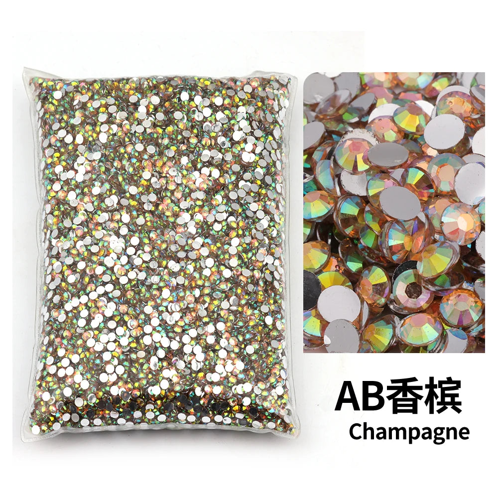Bag of flat-back resin rhinestones in champagne color for DIY craft and nail art