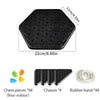A black hexagonal chess board game set including 84 chess pieces, a chassis, and rubber bands.