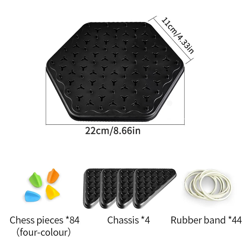 A black hexagonal chess board game set including 84 chess pieces, a chassis, and rubber bands.