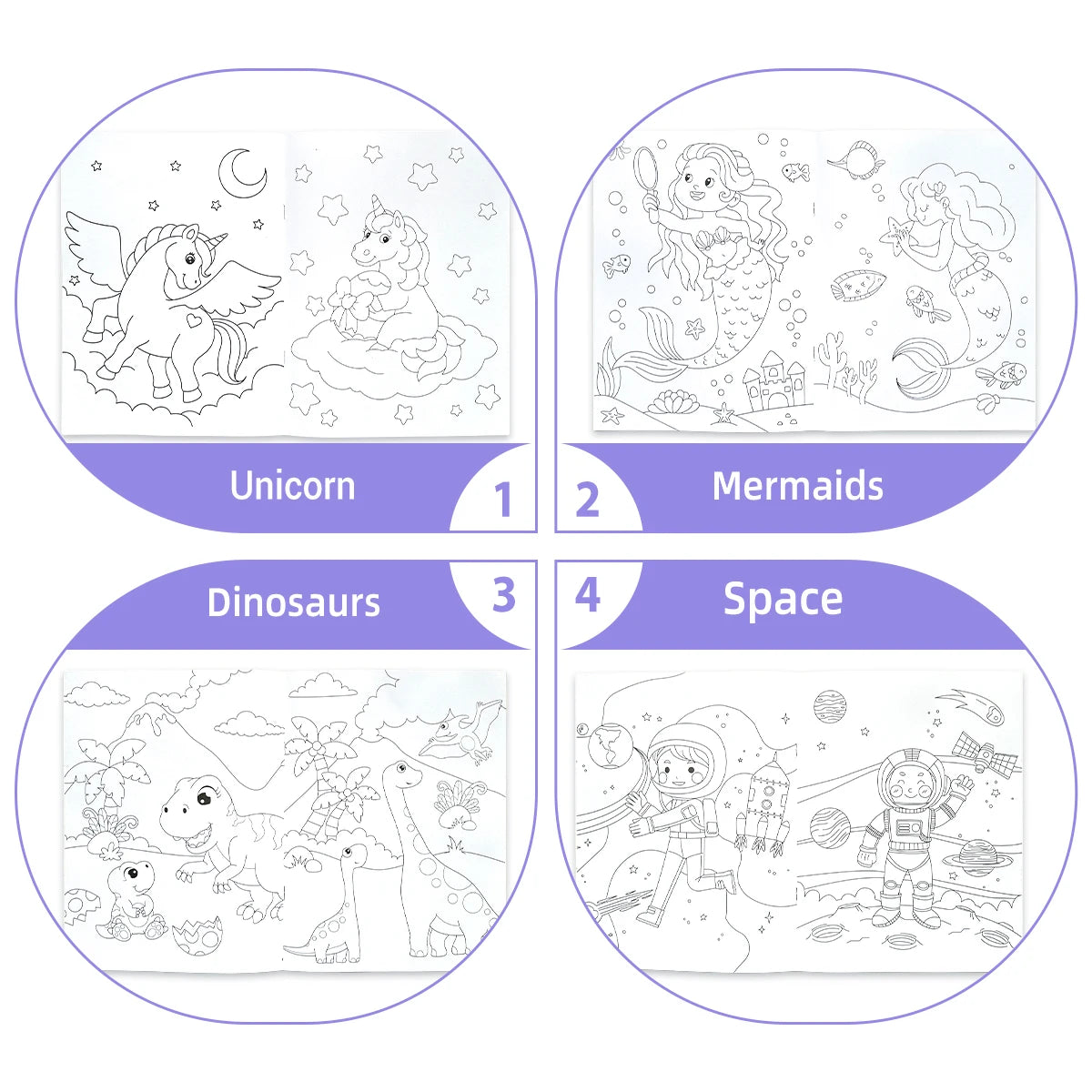 A set of four coloring pages featuring Unicorn, Mermaid, Dinosaur, and Space themes for children.