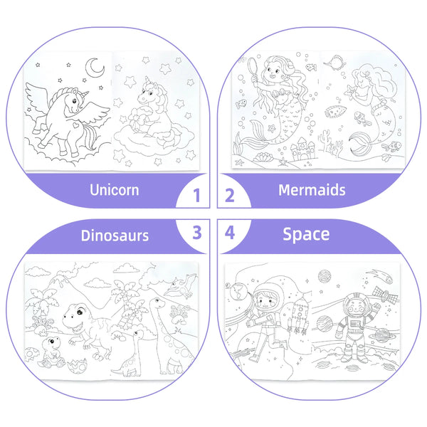 Cuatro páginas para colorear con temas de Unicornio, Sirena, Dinosaurio y Espacio para niños.
