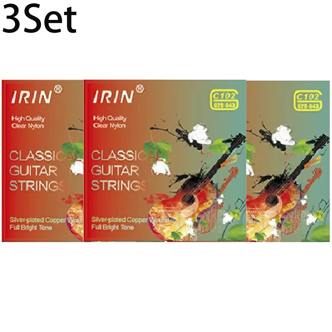 A set of IRIN classical guitar strings, including high quality clear nylon and silver-plated copper wound strings.