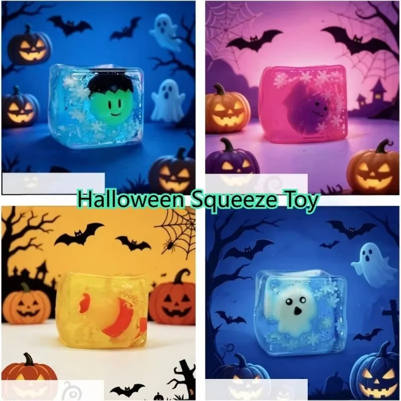 A set of Halloween ghost dumplings squishy toys featuring various pumpkin and bat designs, including an ice cube stress relie