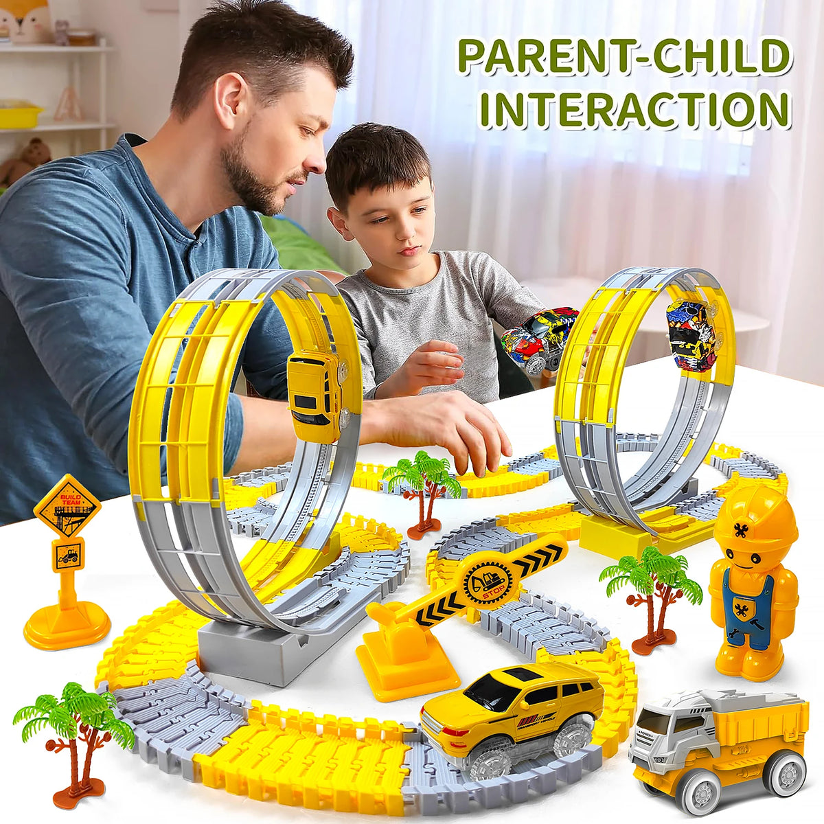 A parent and child interact with a flexible dinosaur race track toy set featuring electric cars.