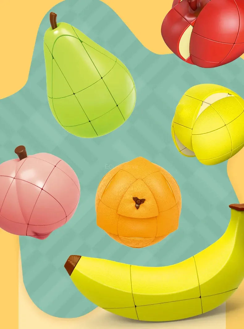 A collection of colorful, fruit-shaped 3x3 puzzle cubes including a green pear, pink apple, yellow lemon, and orange melon.